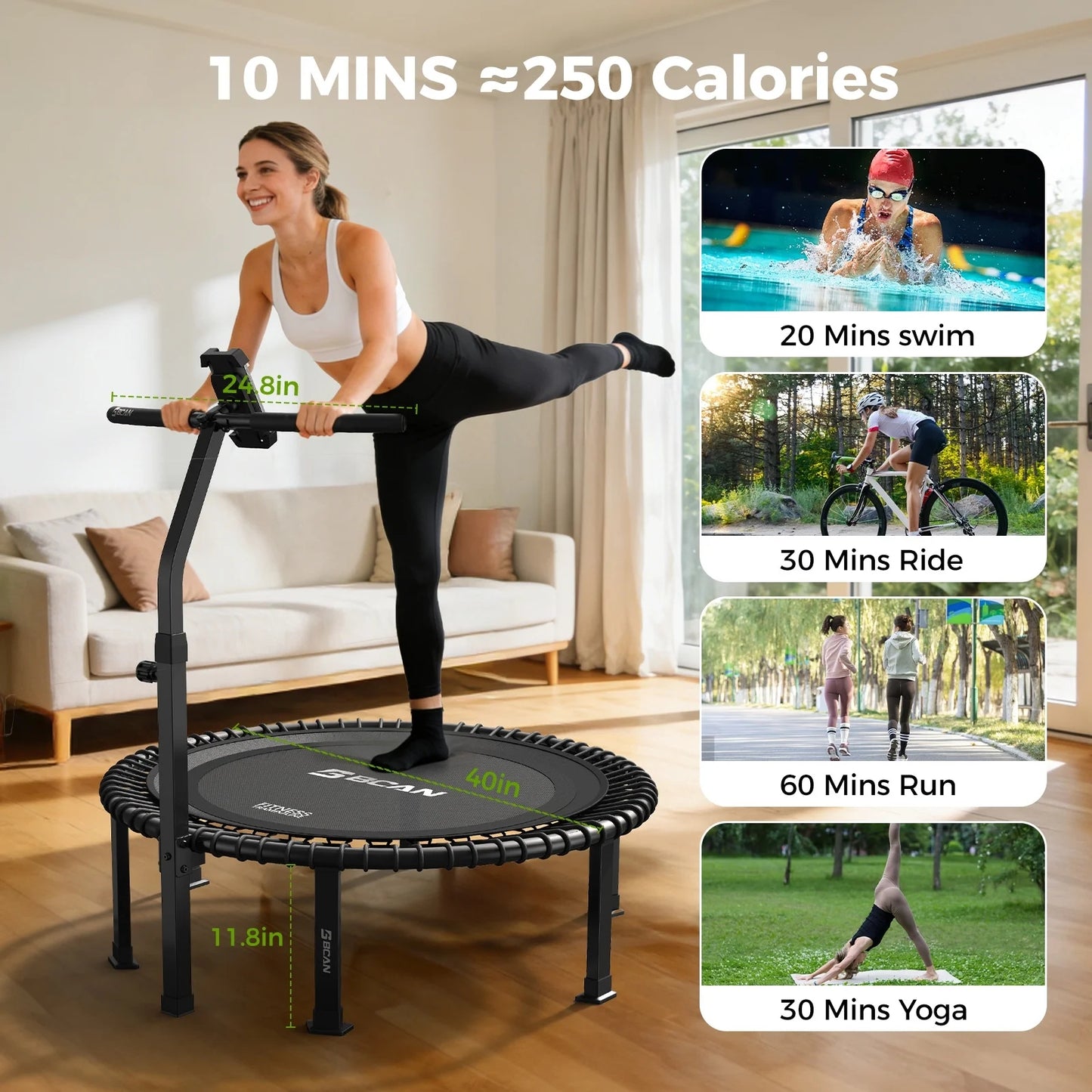 BCAN 40" Soft Land Pro Fitness Rebounder Trampoline, 400 lb Capacity, Adjustable Tension Bungees, Quiet Indoor Cardio w/Handle, Phone Holder & 2 Pairs Socks