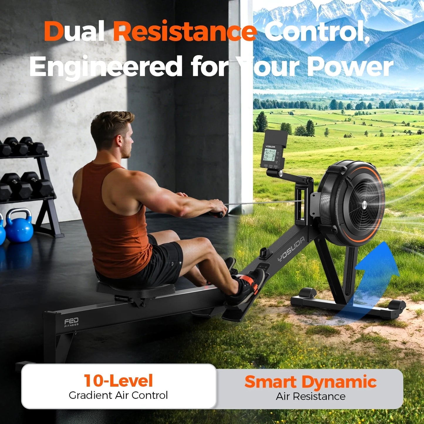R2 Rowing Machine for Home, Professional Adjustable Air Resistance Rower Machines with Self-Powered Monitor, 53.7'' Row Rail, Ergonomic Comfort Seat, Easy Storage