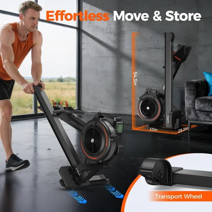 R2 Rowing Machine for Home, Professional Adjustable Air Resistance Rower Machines with Self-Powered Monitor, 53.7'' Row Rail, Ergonomic Comfort Seat, Easy Storage