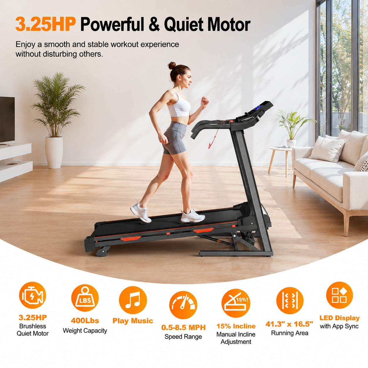 FED FITNESS 15% Auto Incline Treadmills 400LBS Heavy Duty Capacity 3.25HP Folding Electric Treadmill Up to 8.5 MPH Speed for Home Office Fitness