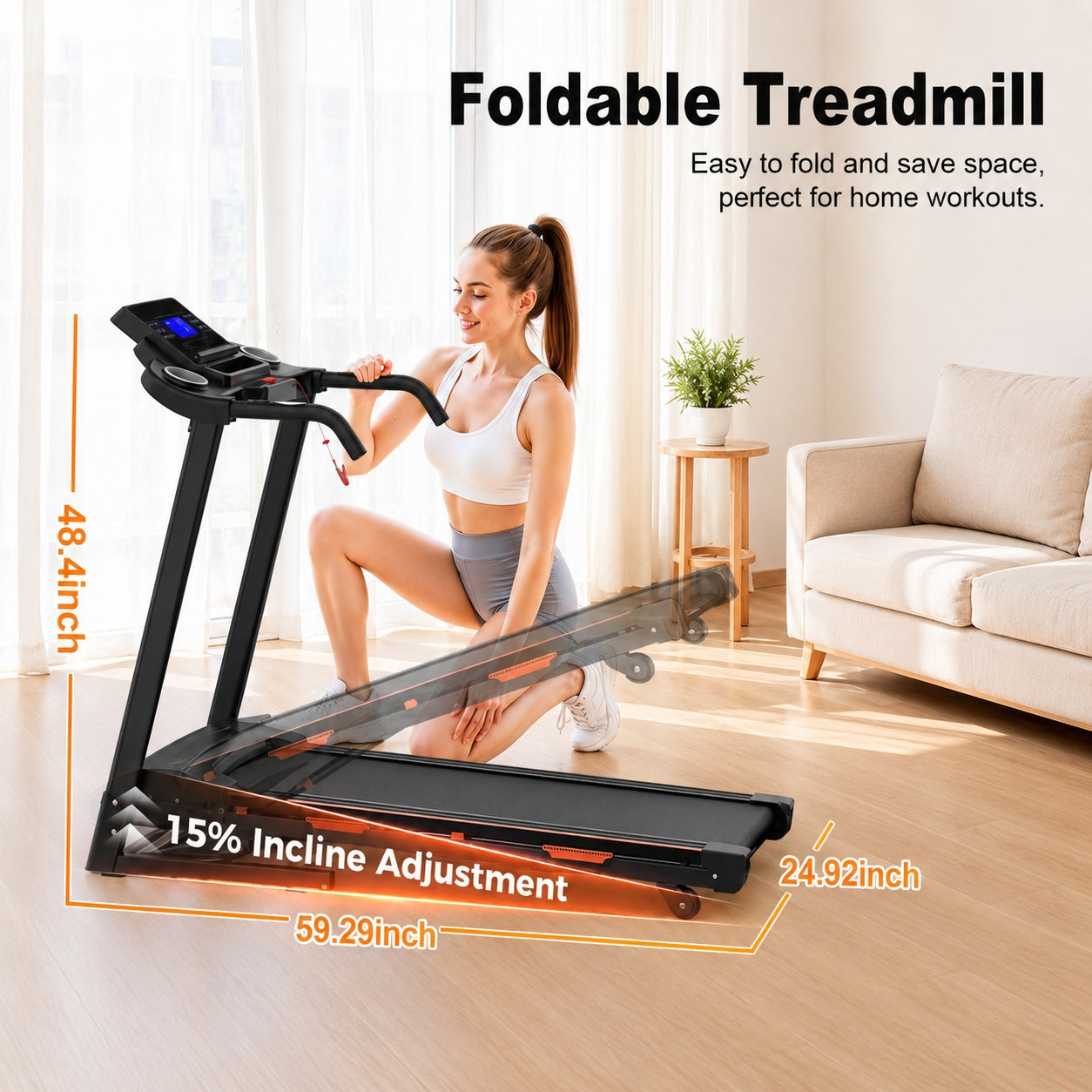 FED FITNESS 15% Auto Incline Treadmills 400LBS Heavy Duty Capacity 3.25HP Folding Electric Treadmill Up to 8.5 MPH Speed for Home Office Fitness