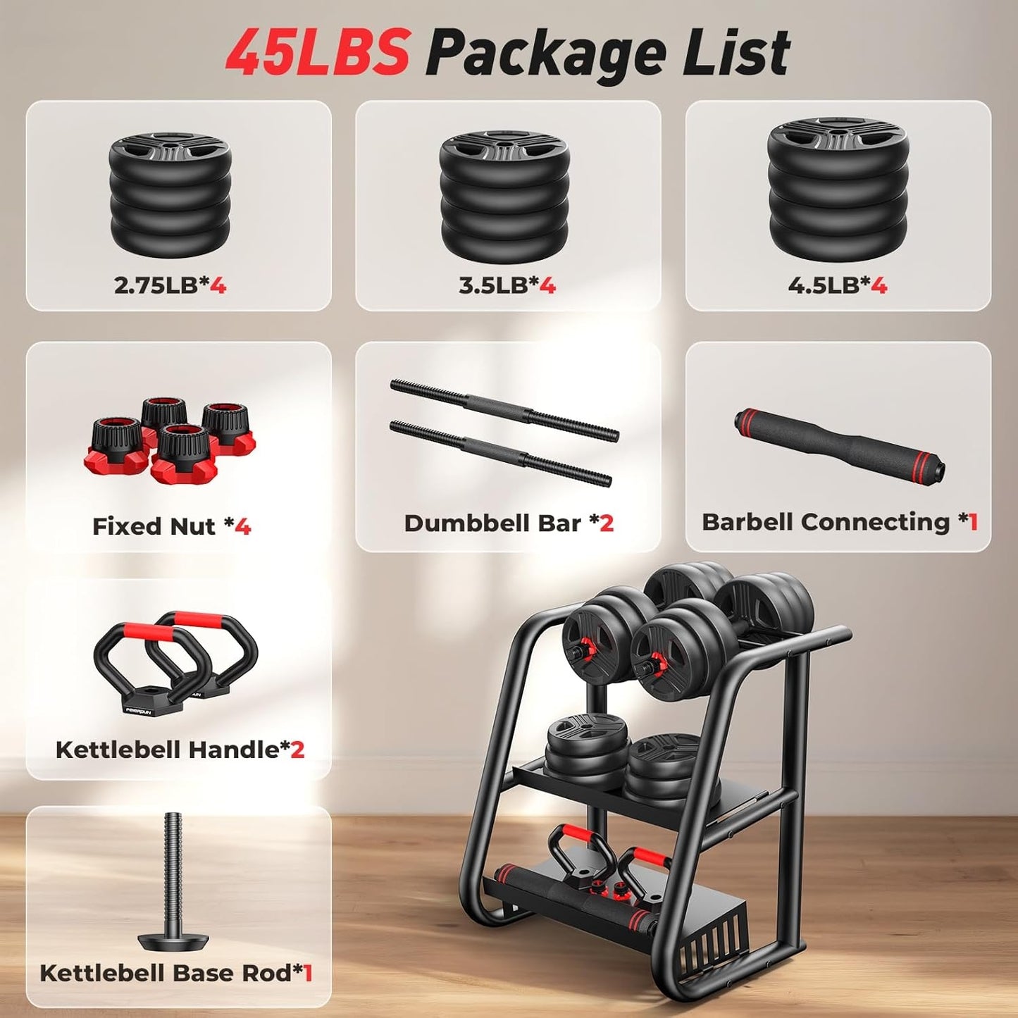 FITPLAM Adjustable dumbbell set,20/35/45/55/70/90lbs Free Weights set with upgraded nut, 5 in 1 Weight Set Used as Kettlebells, Barbell, Push up Stand, Fitness Exercise for Home Gym Suitable Men/Women