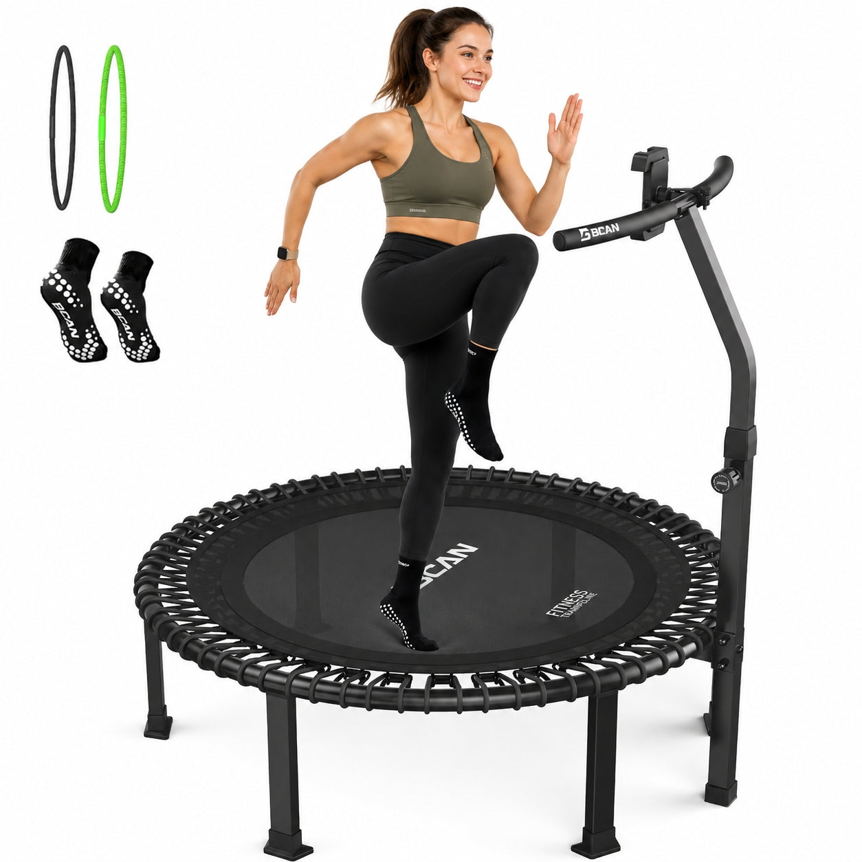 BCAN 40" Soft Land Pro Fitness Rebounder Trampoline, 400 lb Capacity, Adjustable Tension Bungees, Quiet Indoor Cardio w/Handle, Phone Holder & 2 Pairs Socks