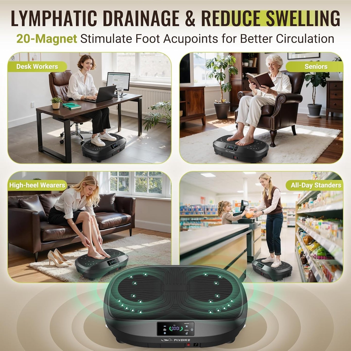 FLYBIRD Vibration Plate Exercise Machine, Adjustable Speed High Intensity Vibration for Muscle Toning Weight Loss Lymphatic Drainage, Full Body Workout Vibration Plate
