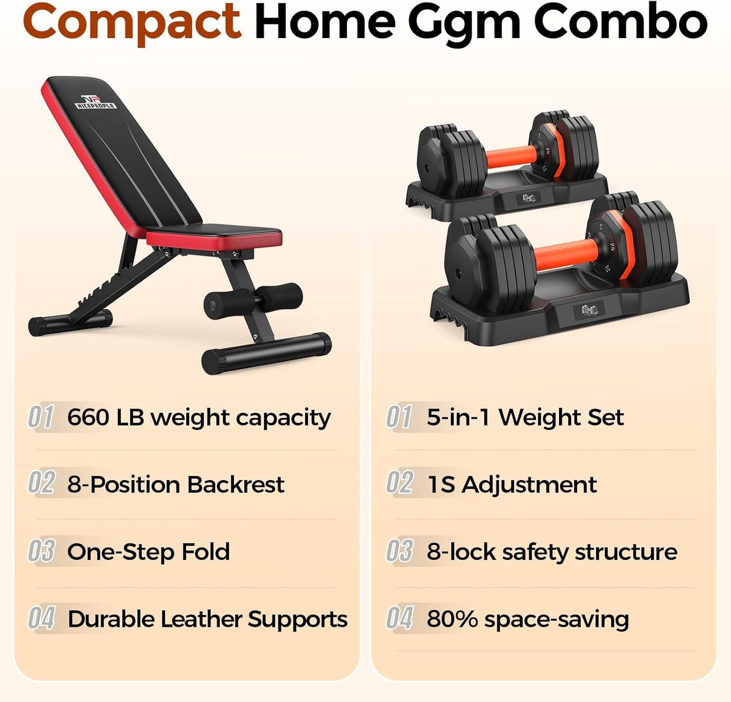 Adjustable Weight Bench and Dumbbell Set for Home Gym, 660LBS Capacity Workout Bench with Adjustable Dumbbell Set of 2, 25LBS Pair (Total 50LBS) with Storage Box for Full Body Workouts