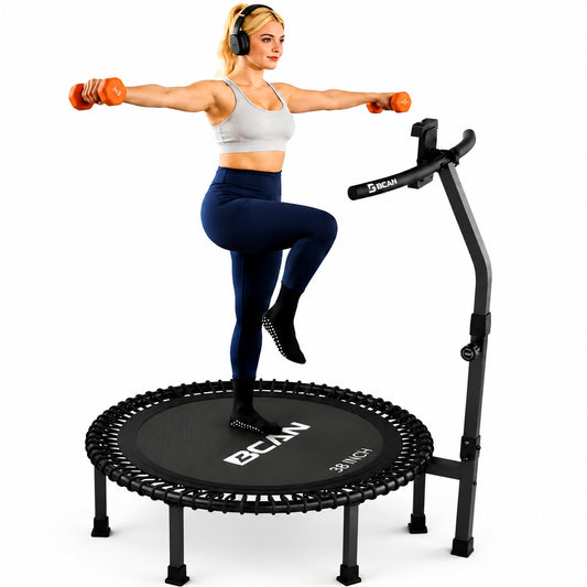 BCAN 38" Soft Land Pro Fitness Rebounder Trampoline, 400 lb Capacity, Adjustable Tension Bungees, Quiet Indoor Cardio w/Handle, Phone Holder & 2 Pairs Socks