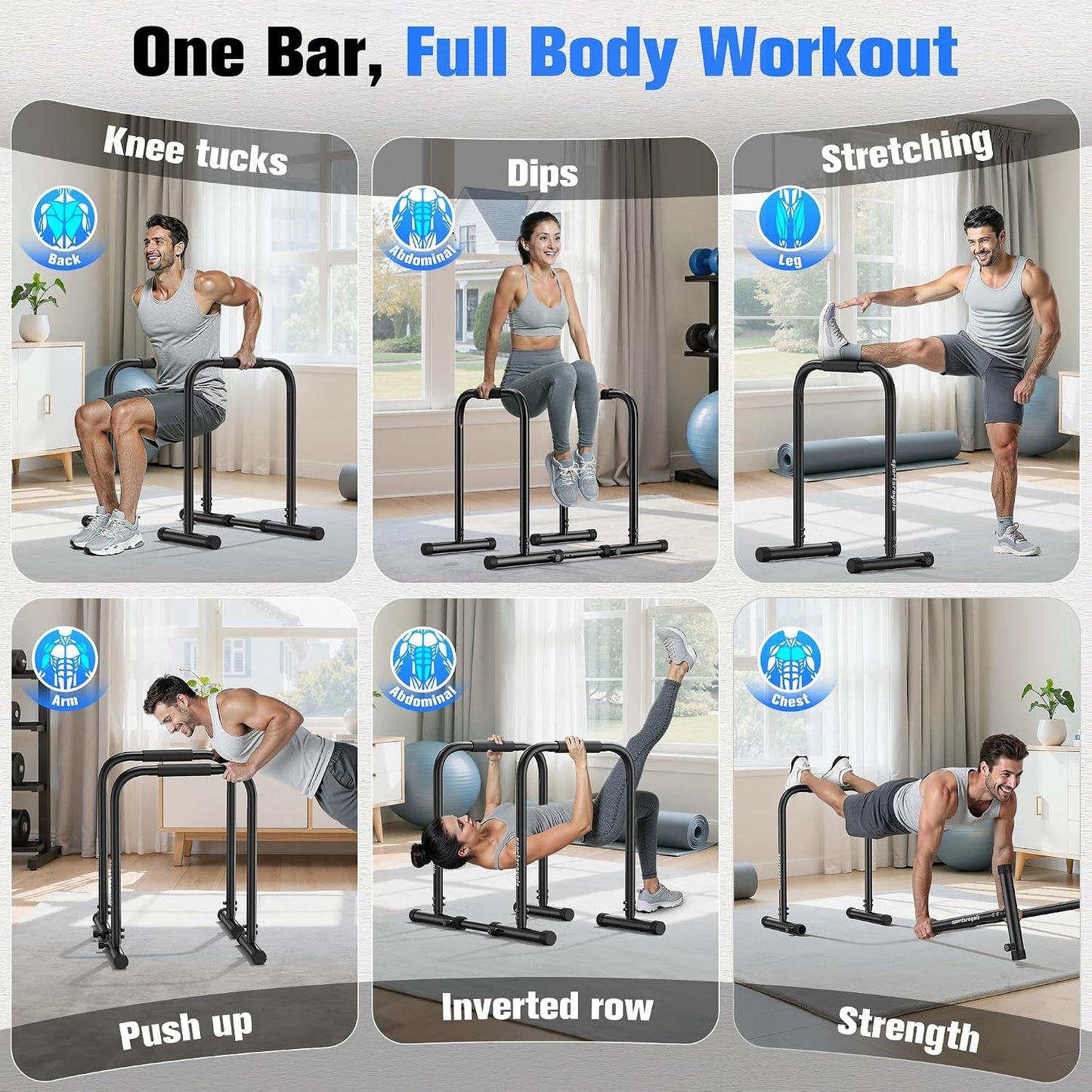 Sportsroyals Adjustable Dip Bar Station, Heavy Duty Parallette & Parallel Bars, 400LBS Stable Dip Stands for Home Gym, Calisthenics & Upper Body Workout Equipment