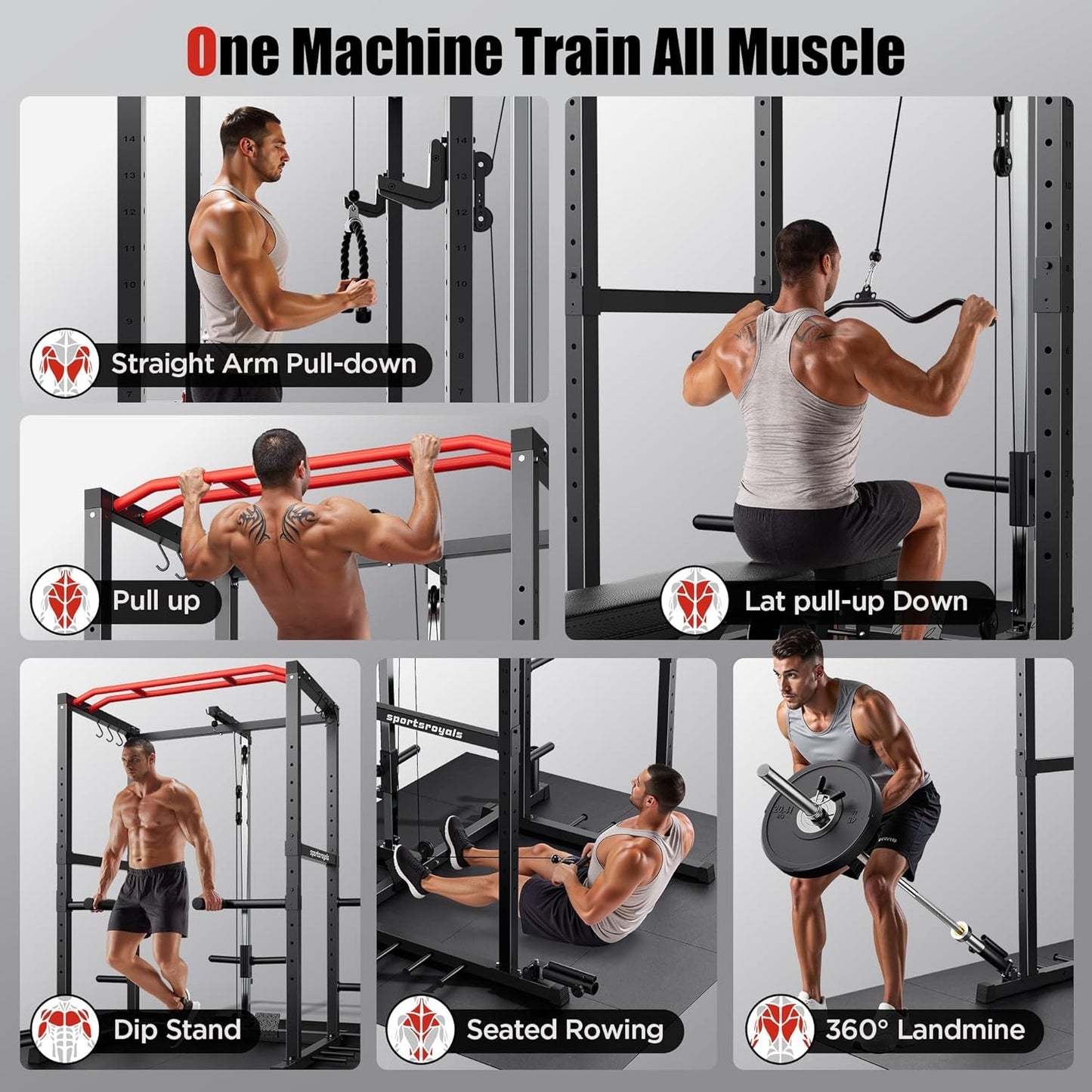 SPORTSROYALS Power Rack, Multi-Functional Power Cage, Squat Rack with Pulley System & LAT Pull Down, Workout Cage with J Hooks for Home Gym