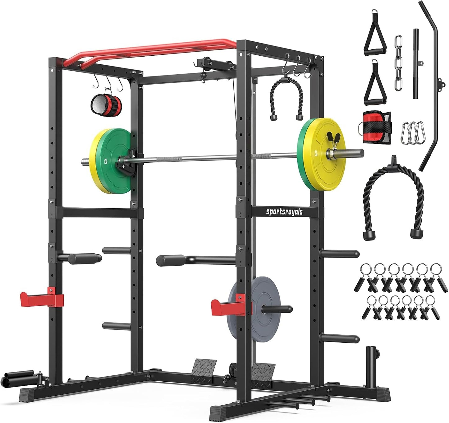 SPORTSROYALS Power Rack, Multi-Functional Power Cage, Squat Rack with Pulley System & LAT Pull Down, Workout Cage with J Hooks for Home Gym