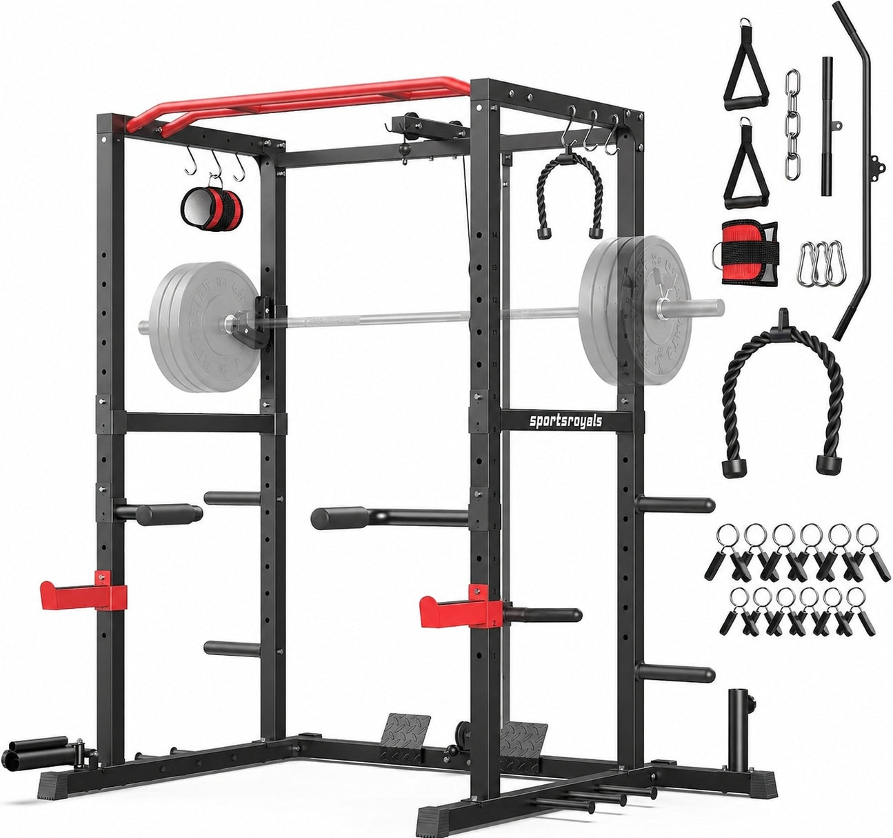 SPORTSROYALS Power Rack, Multi-Functional Power Cage, Squat Rack with Pulley System & LAT Pull Down, Workout Cage with J Hooks for Home Gym