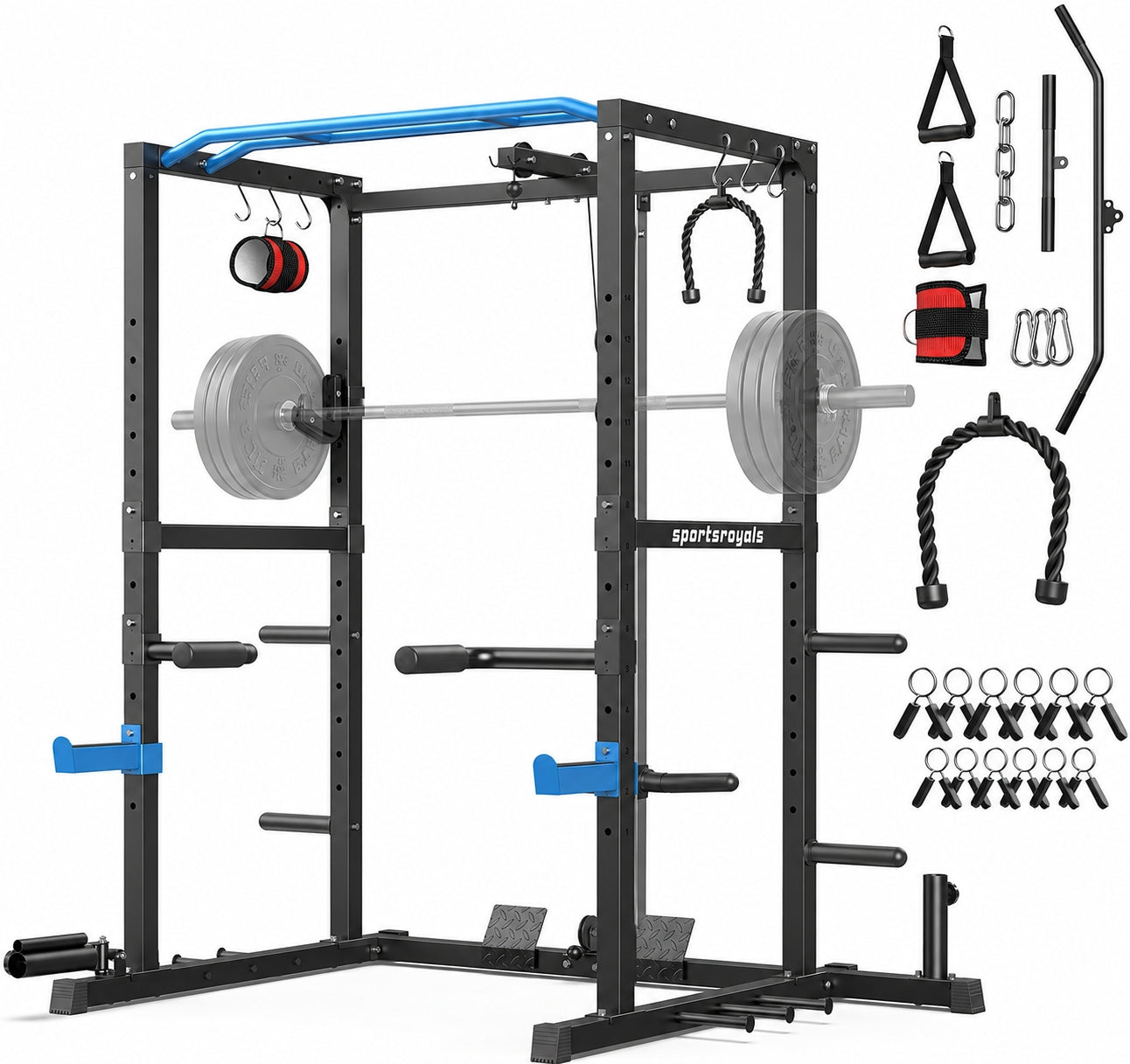 SPORTSROYALS Power Rack, Multi-Functional Power Cage, Squat Rack with Pulley System & LAT Pull Down, Workout Cage with J Hooks for Home Gym