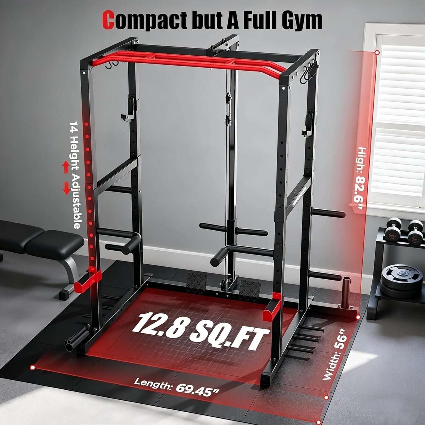 SPORTSROYALS Power Rack, Multi-Functional Power Cage, Squat Rack with Pulley System & LAT Pull Down, Workout Cage with J Hooks for Home Gym