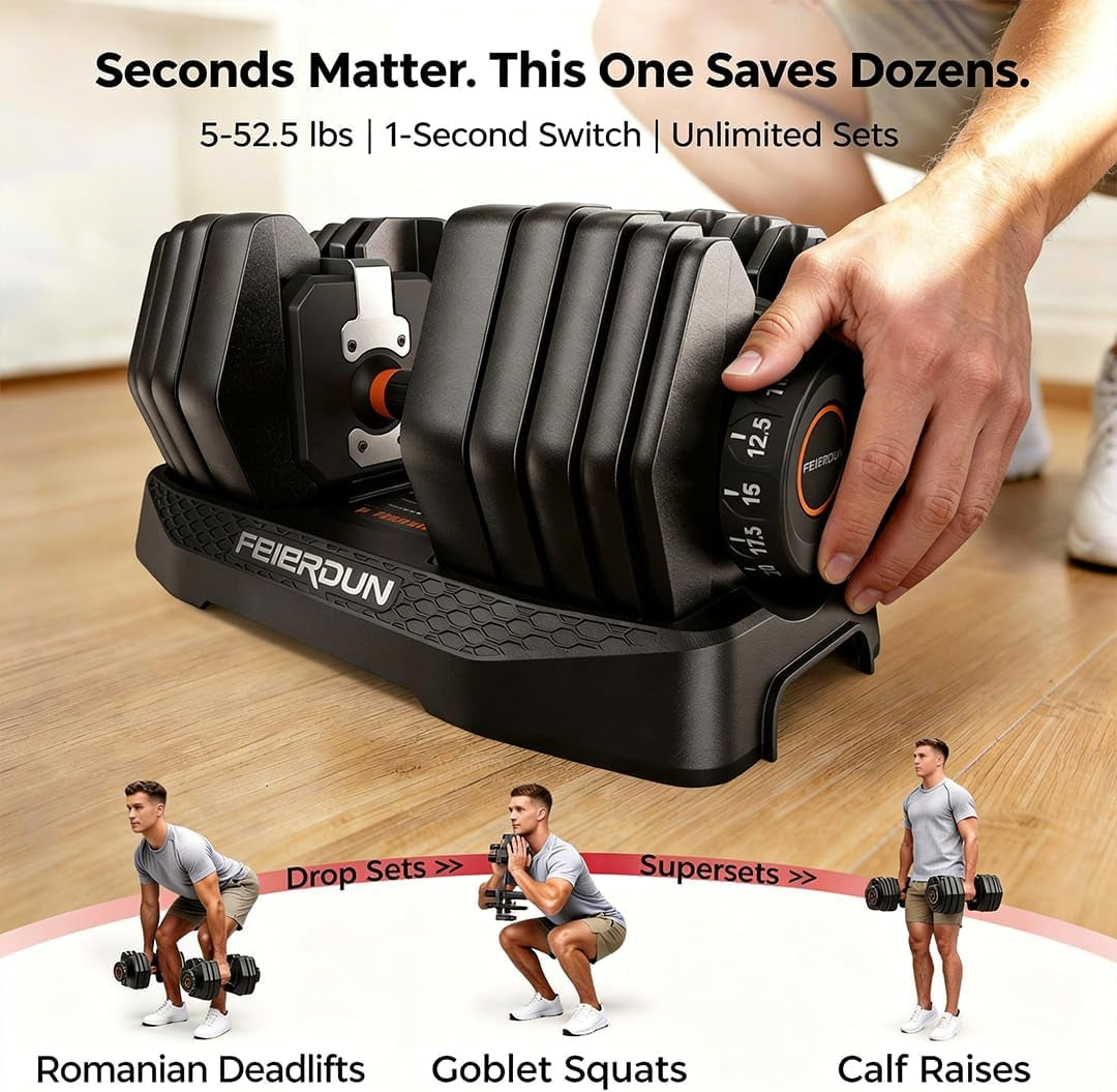 FEIERDUN 15-in-1 Adjustable Dumbbell Set, 5-52.5 lbs Each, 1-Second Quick Change, with Storage Box & App – Ideal for Drop Set, Superset, HIIT Home Gym, Non-Slip Handles