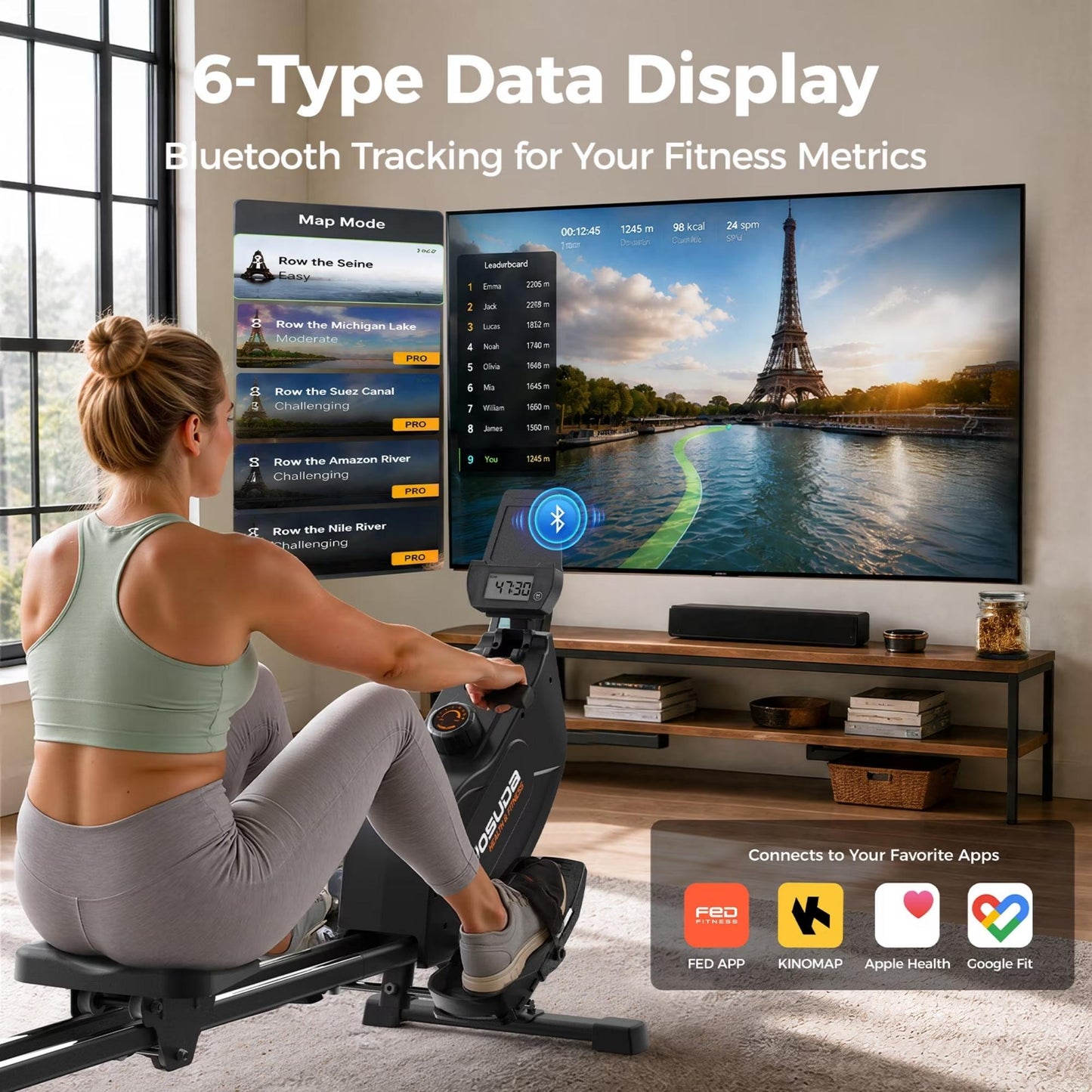 YOSUDA Magnetic Rowing Machine 350 LB Weight Capacity , Foldable Rower for Home Use with 16-Level Max 115lbs Adjustable Resistance and Bluetooth