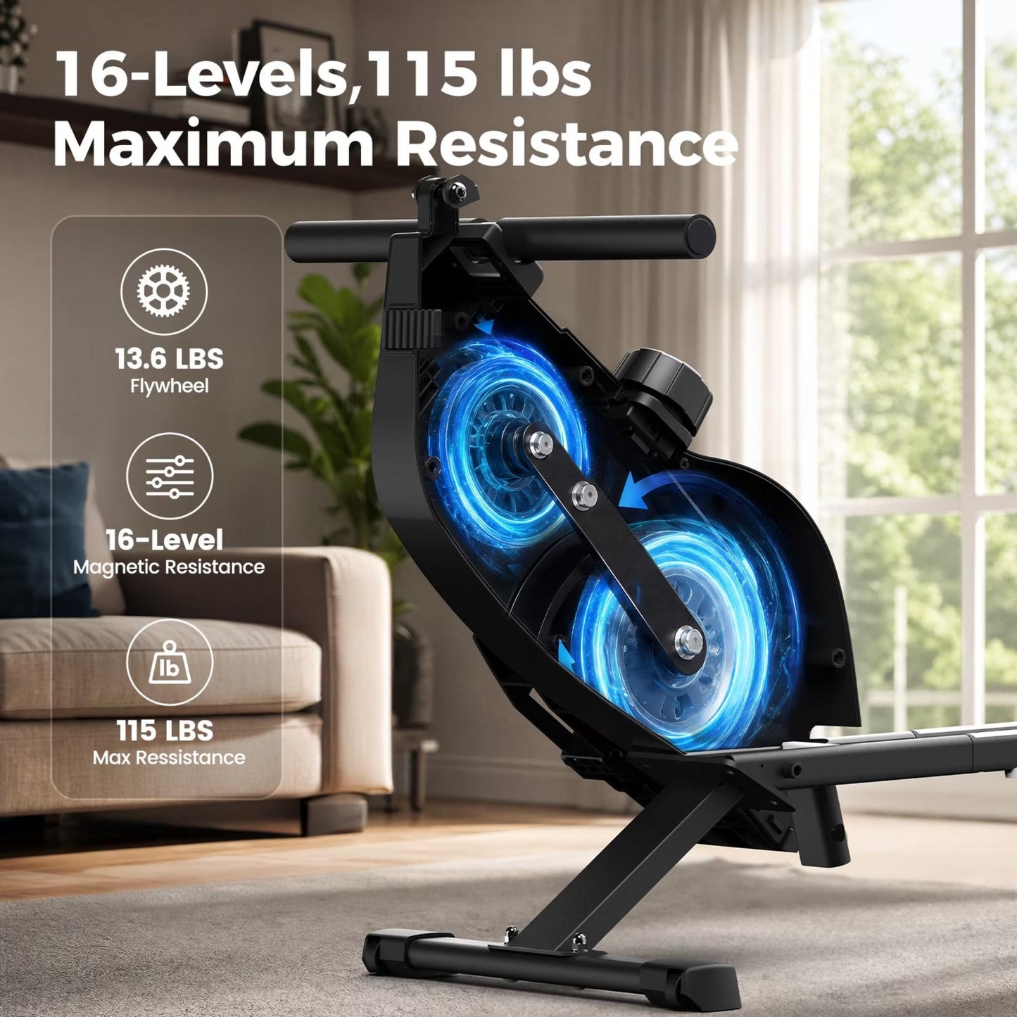 YOSUDA Magnetic Rowing Machine 350 LB Weight Capacity , Foldable Rower for Home Use with 16-Level Max 115lbs Adjustable Resistance and Bluetooth