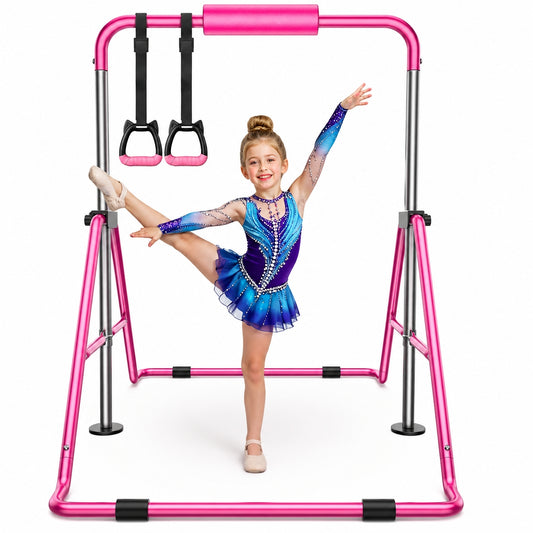 Sportsroyals Gymnastics Bar for Kids,Adjustable Height Gymnastic Horizontal Bars,Folding Gymnastic Junior Training Kip Bar for Home, Pink