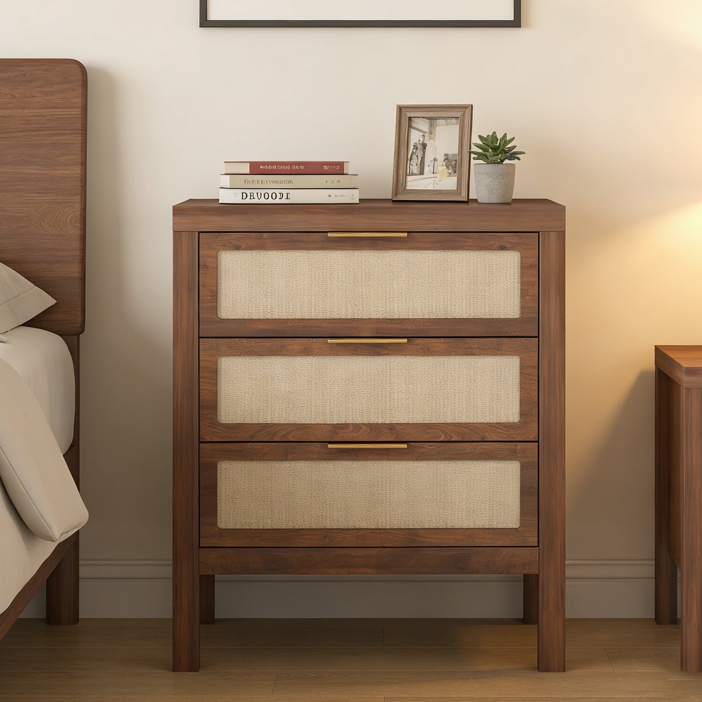 KOLIGEY Bedside Table 3 Layers Large Capacity Drawer Design Multifunctional Wooden Night Stand for Bedroom Walnut color