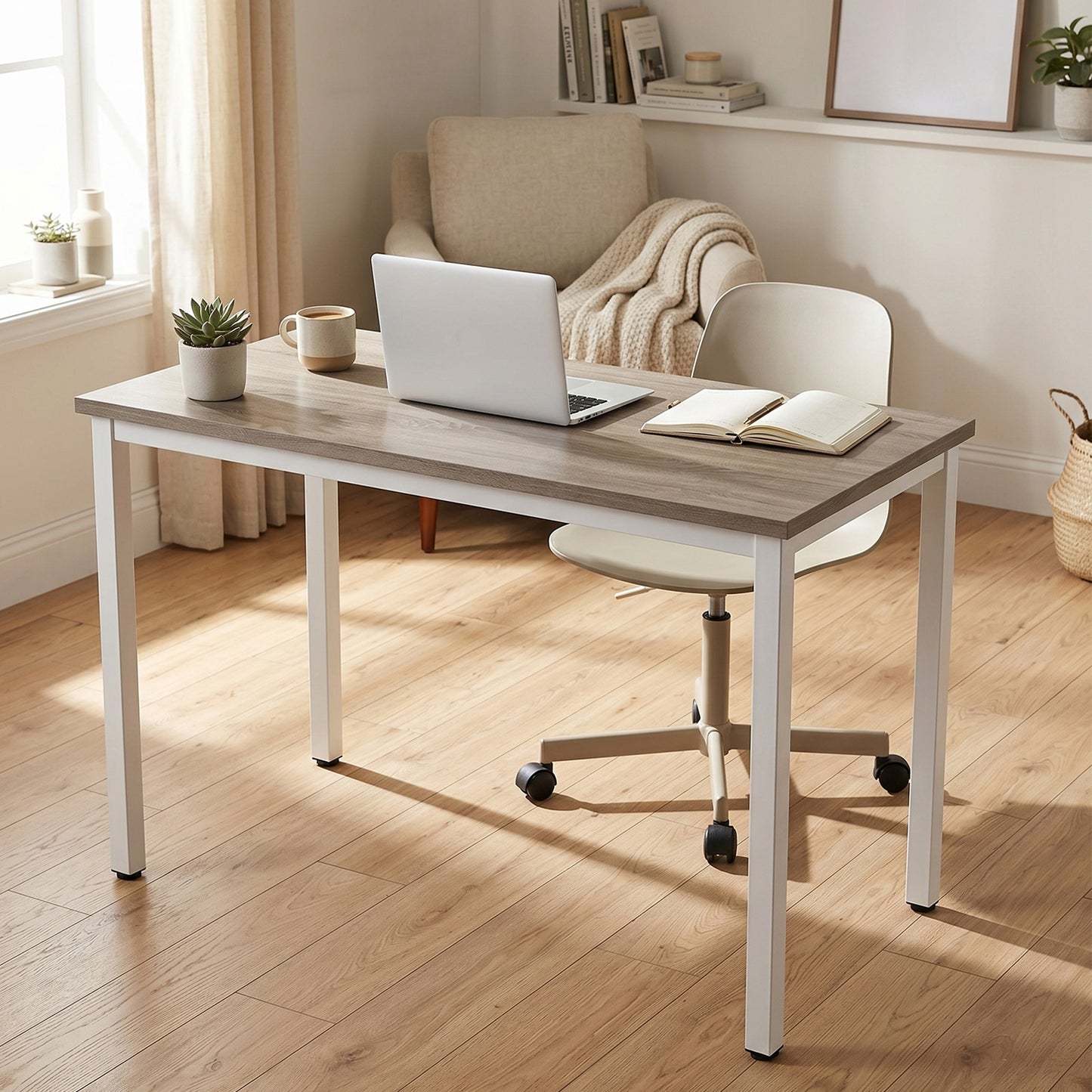KOLIGEY 47 Inch Computer Desk Home Office Desk Workstation Table Sturdy Frame Modern Simple Easy Assembly Oak Color White