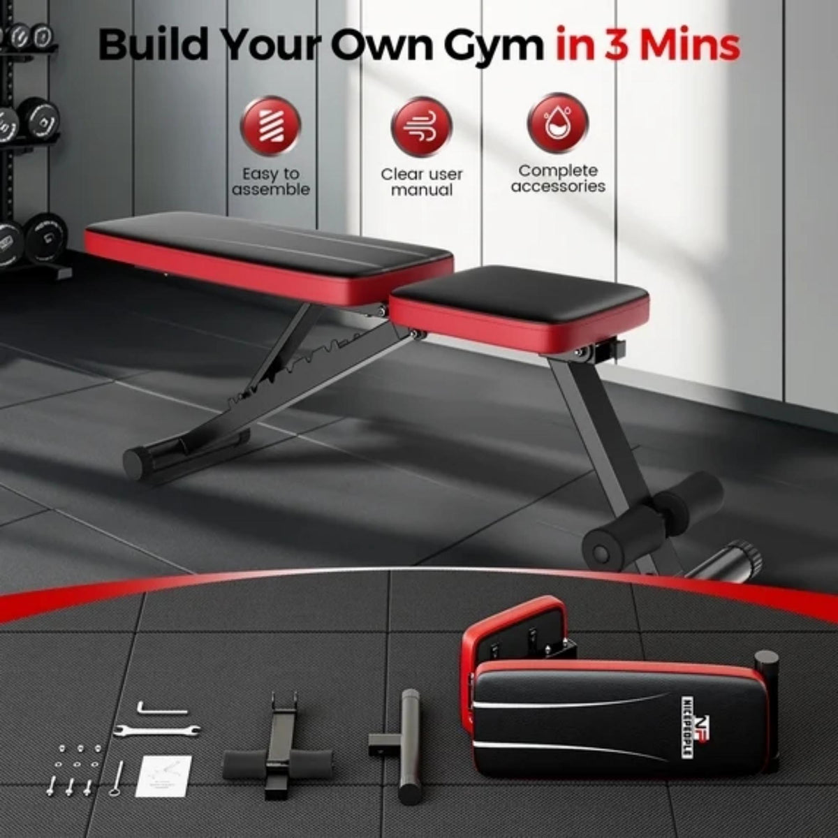 NICEPEOPLE Adjustable Weight Bench, 660LBS Capacity Foldable Workout Bench for Home Gym, 8 Backrest Positions for Bench Press & Strength Training