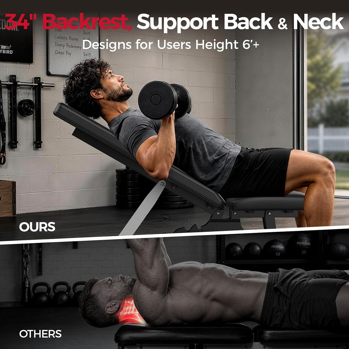 SPORTSROYALS Adjustable Weight Bench, 1300 LB Capacity Commercial Workout Bench for Home Gym, Flat Incline Bench Press with 34" Extra-Long Backrest