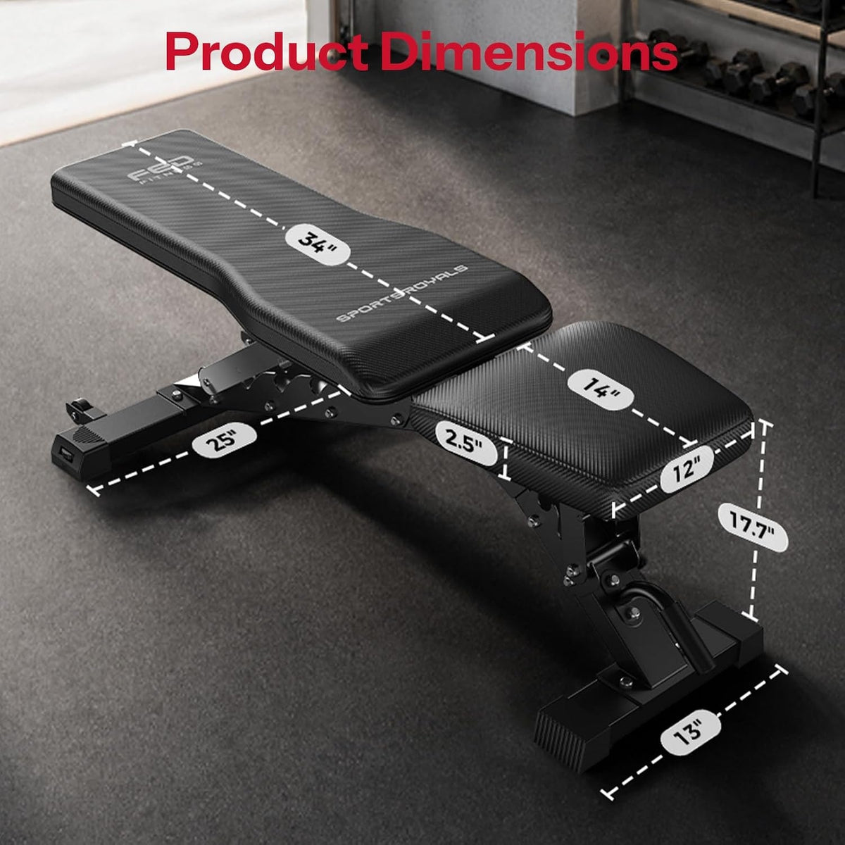 SPORTSROYALS Adjustable Weight Bench, 1300 LB Capacity Commercial Workout Bench for Home Gym, Flat Incline Bench Press with 34" Extra-Long Backrest