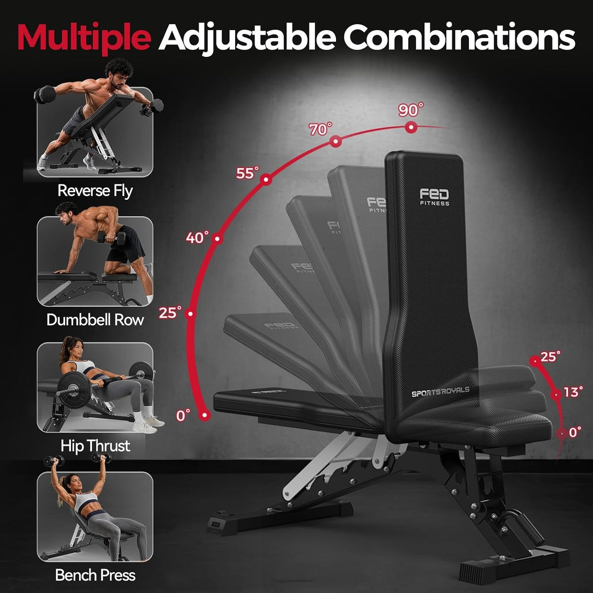 SPORTSROYALS Adjustable Weight Bench, 1300 LB Capacity Commercial Workout Bench for Home Gym, Flat Incline Bench Press with 34" Extra-Long Backrest