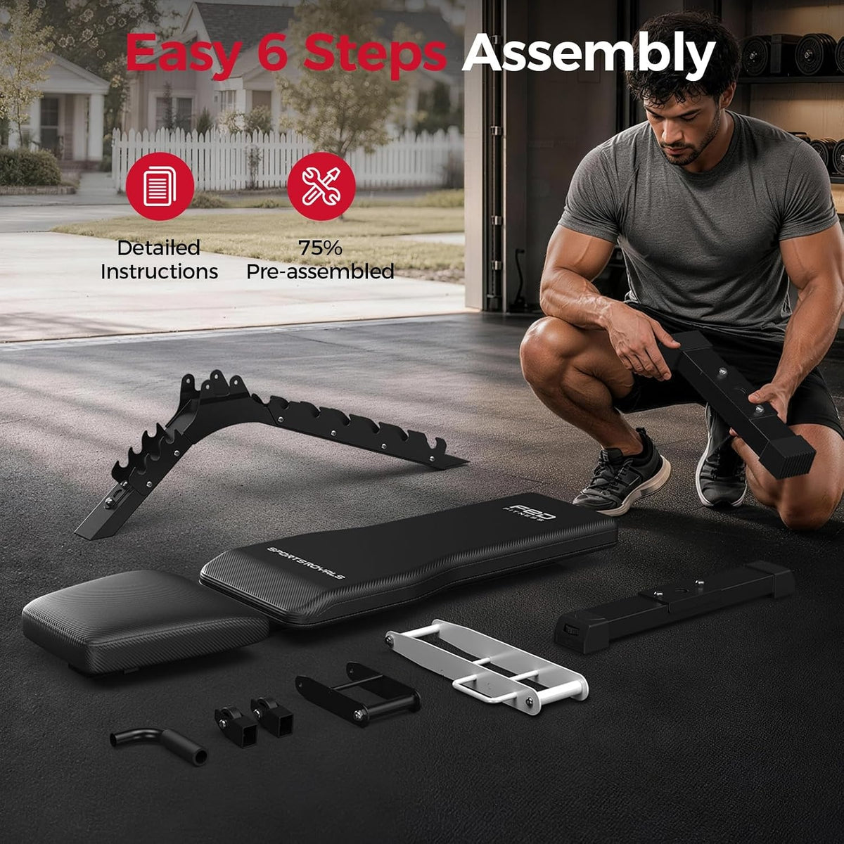 SPORTSROYALS Adjustable Weight Bench, 1300 LB Capacity Commercial Workout Bench for Home Gym, Flat Incline Bench Press with 34" Extra-Long Backrest