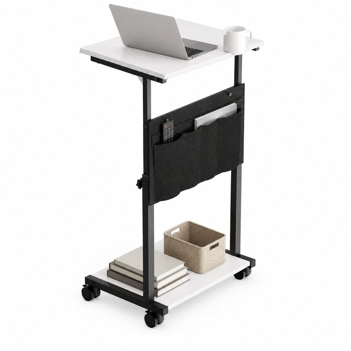 KOLIGEY Height Adjustable C-Shaped End Table with Wheels, Mobile Sofa Side Table with Storage Pocket, Rolling Laptop Desk, Lockable Casters