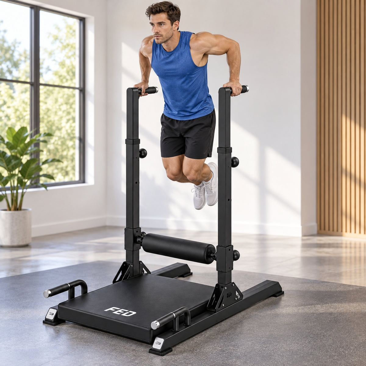 FED FITNESS Multi-Function Hip Thrust Machine with Adjustable Dip Bars, Padded Roller and Push-Up Handles, Glute Trainer for Home Gym