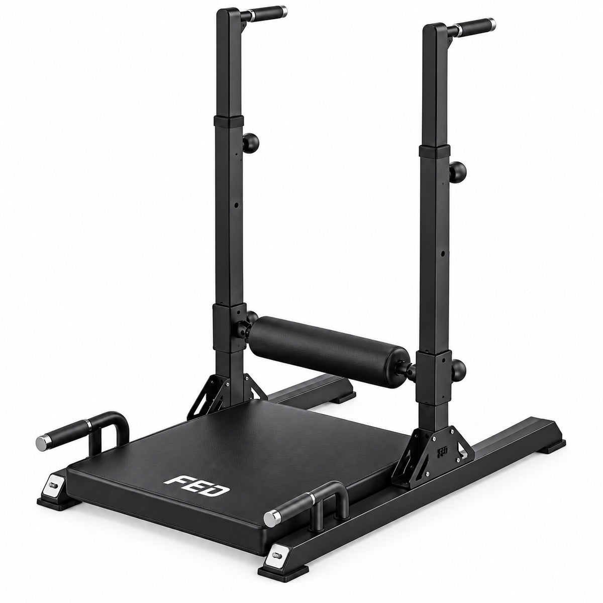 FED FITNESS Multi-Function Hip Thrust Machine with Adjustable Dip Bars, Padded Roller and Push-Up Handles, Glute Trainer for Home Gym