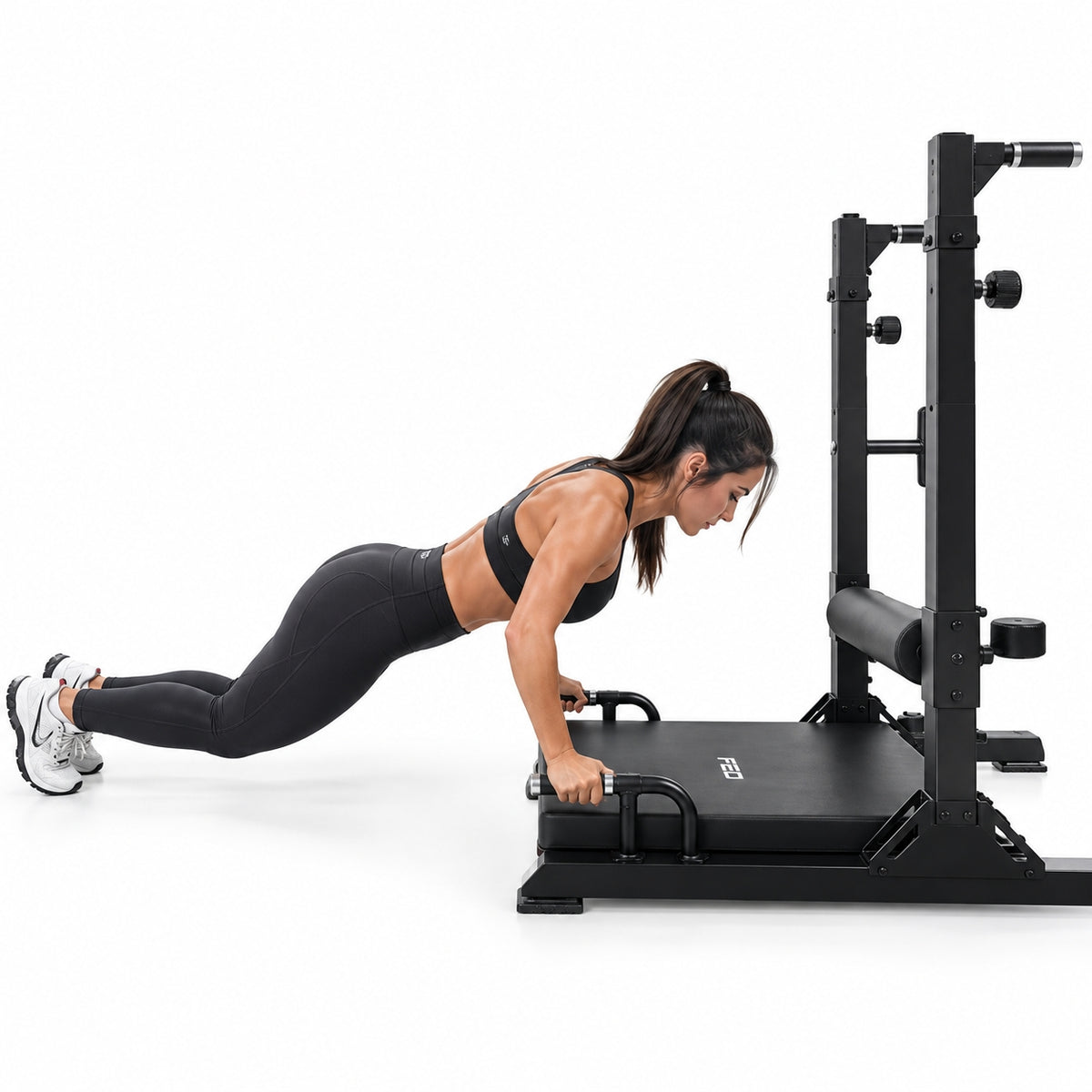 FED FITNESS Multi-Function Hip Thrust Machine with Adjustable Dip Bars, Padded Roller and Push-Up Handles, Glute Trainer for Home Gym