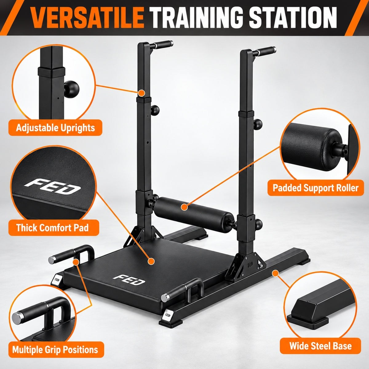 FED FITNESS Multi-Function Hip Thrust Machine with Adjustable Dip Bars, Padded Roller and Push-Up Handles, Glute Trainer for Home Gym