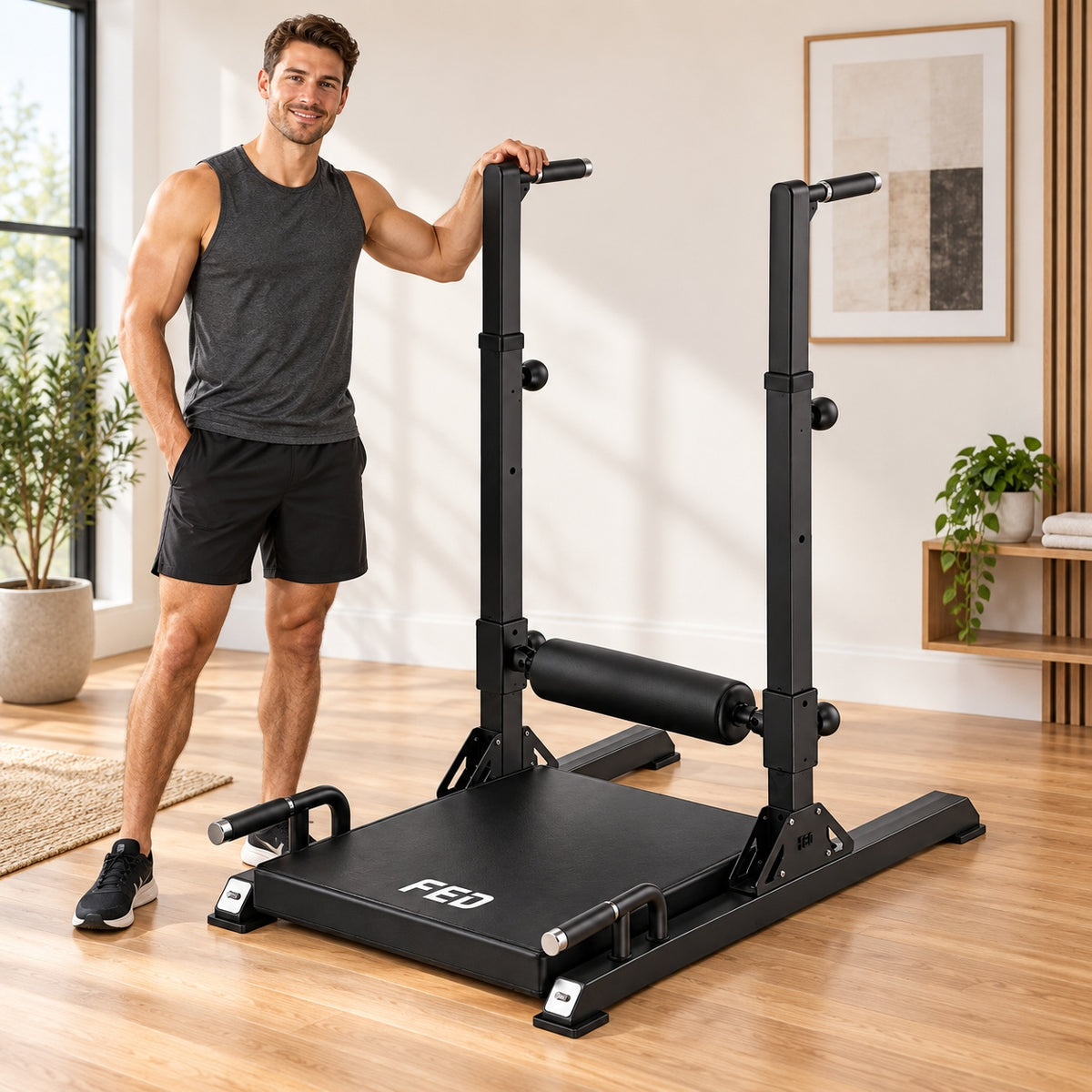 FED FITNESS Multi-Function Hip Thrust Machine with Adjustable Dip Bars, Padded Roller and Push-Up Handles, Glute Trainer for Home Gym