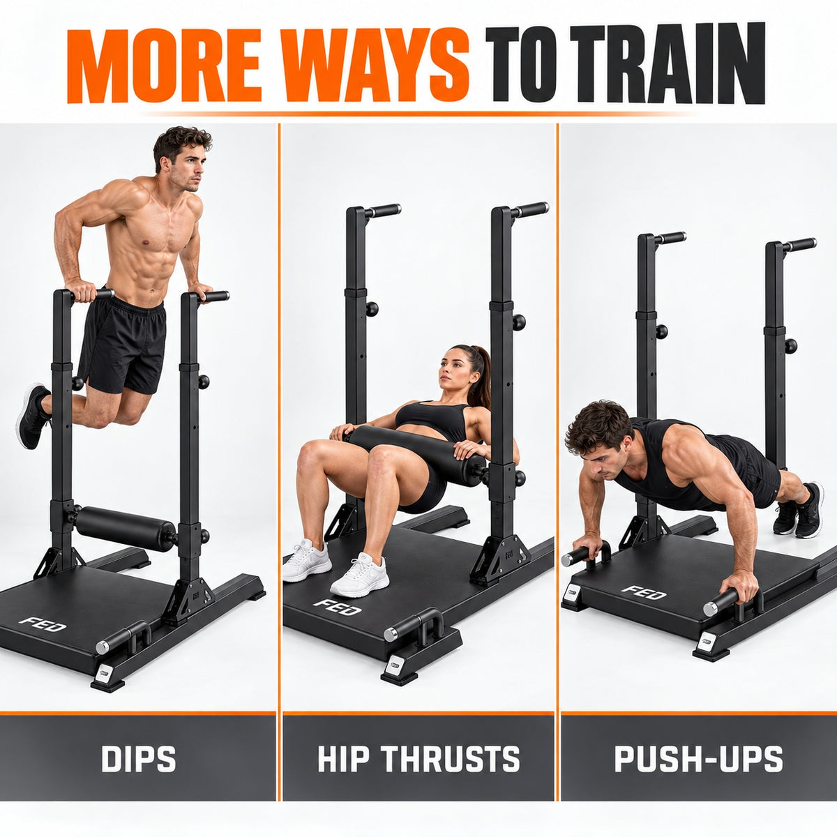 FED FITNESS Multi-Function Hip Thrust Machine with Adjustable Dip Bars, Padded Roller and Push-Up Handles, Glute Trainer for Home Gym