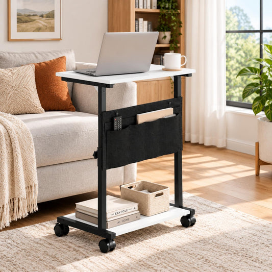 KOLIGEY Height Adjustable C-Shaped End Table with Wheels, Mobile Sofa Side Table with Storage Pocket, Rolling Laptop Desk, Lockable Casters