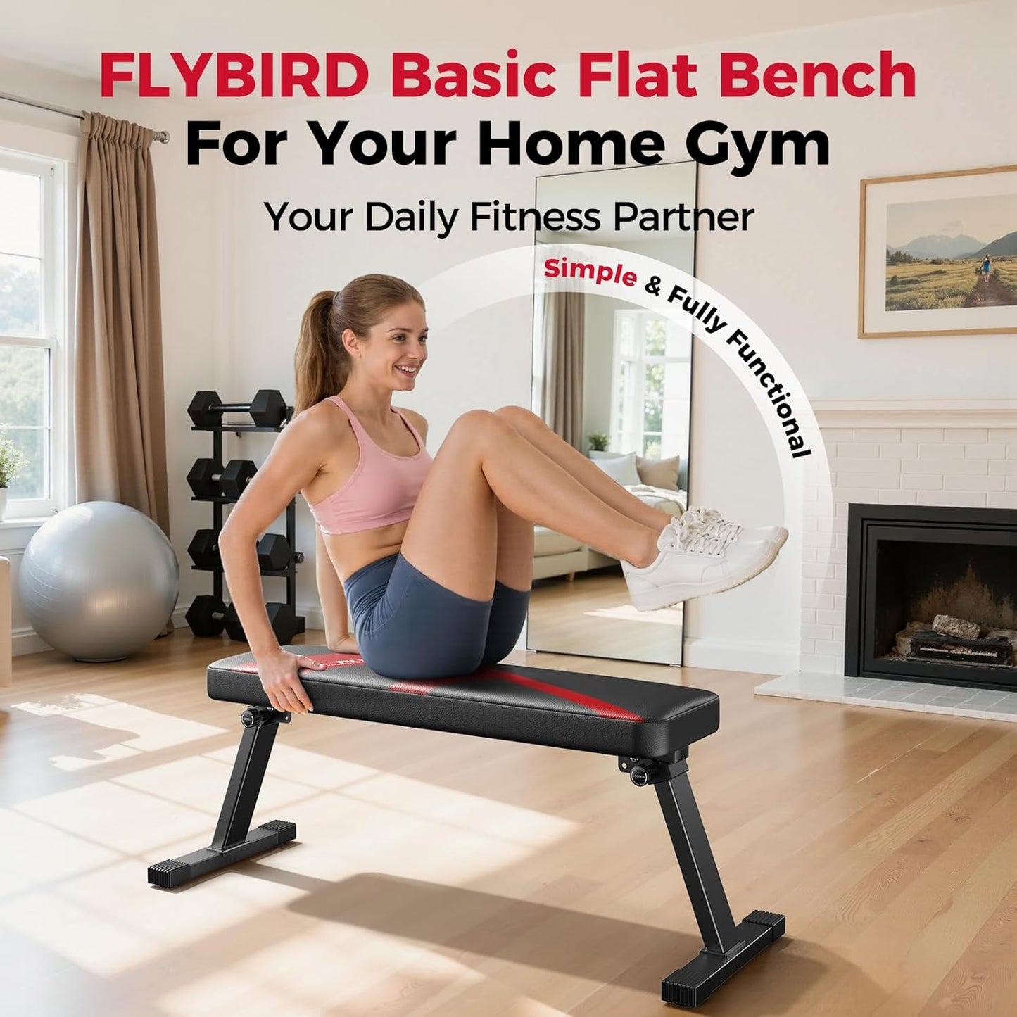 FLYBIRD Flat Bench, Foldable Flat Weight Bench Easy Assembly for Strength Training Bench Press