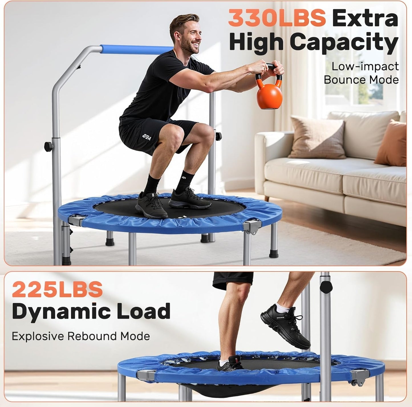 BCAN 40" Foldable Mini Trampoline Max Load 330lbs, Fitness Rebounder with Adjustable Foam Handle, Exercise Trampoline for Adults Indoor/Garden Workout