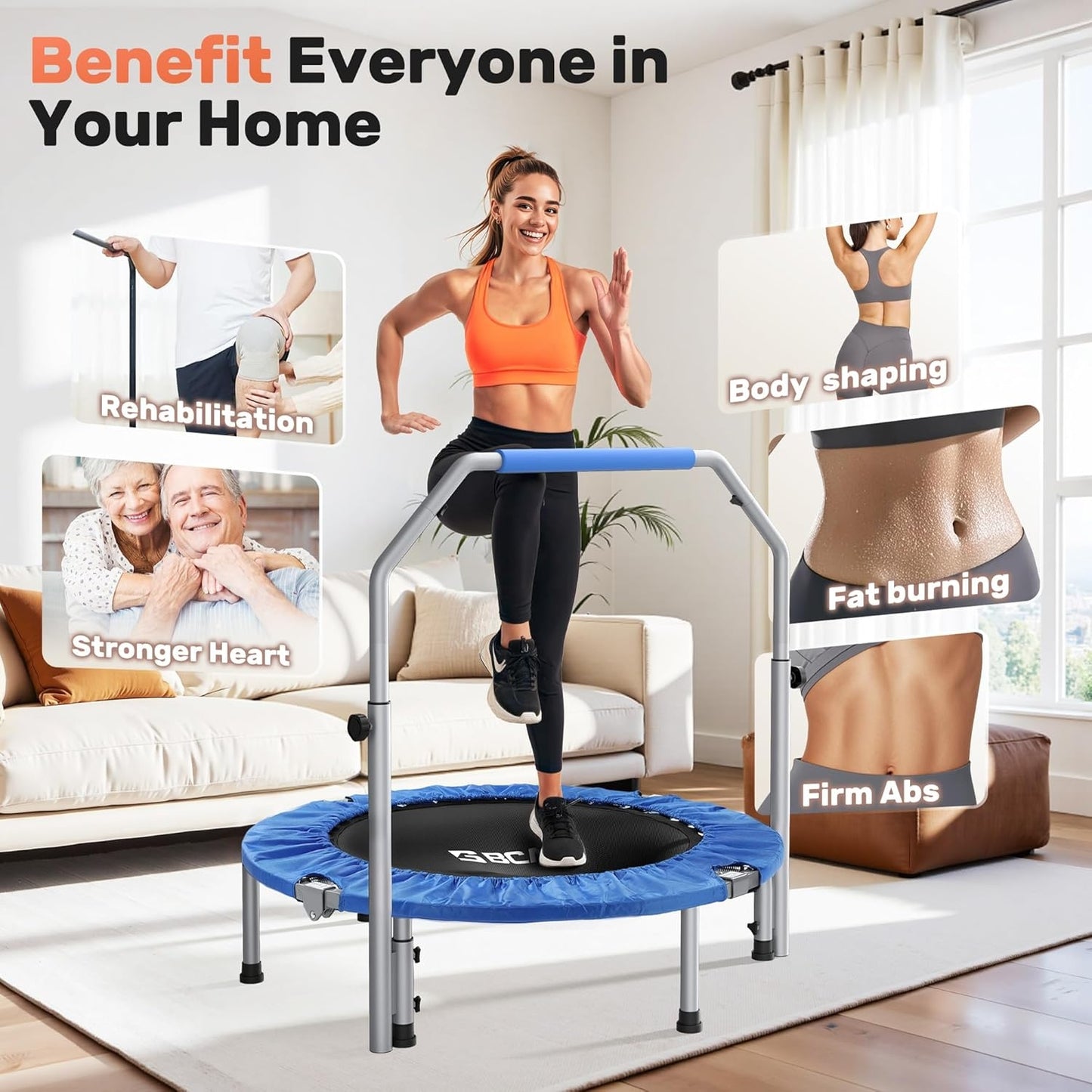 BCAN 40" Foldable Mini Trampoline Max Load 330lbs, Fitness Rebounder with Adjustable Foam Handle, Exercise Trampoline for Adults Indoor/Garden Workout