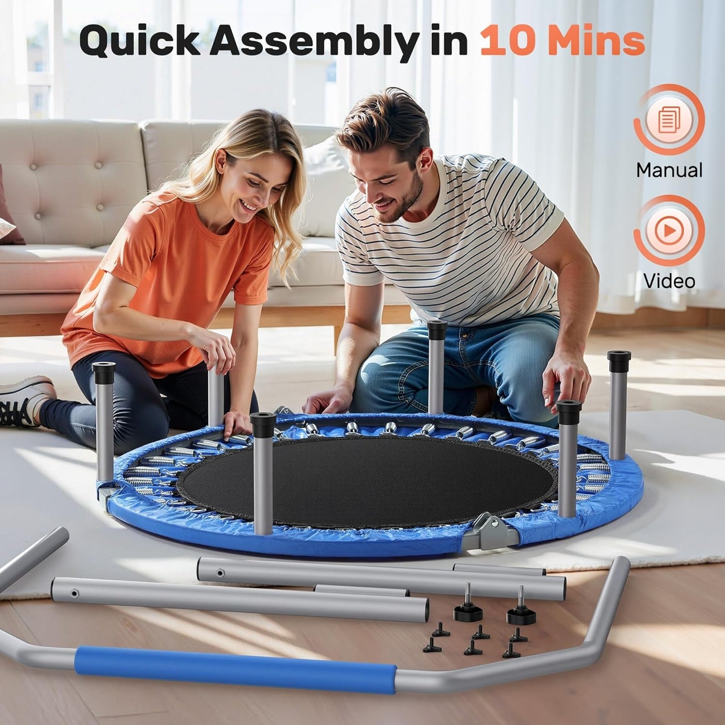 BCAN 40" Foldable Mini Trampoline Max Load 330lbs, Fitness Rebounder with Adjustable Foam Handle, Exercise Trampoline for Adults Indoor/Garden Workout