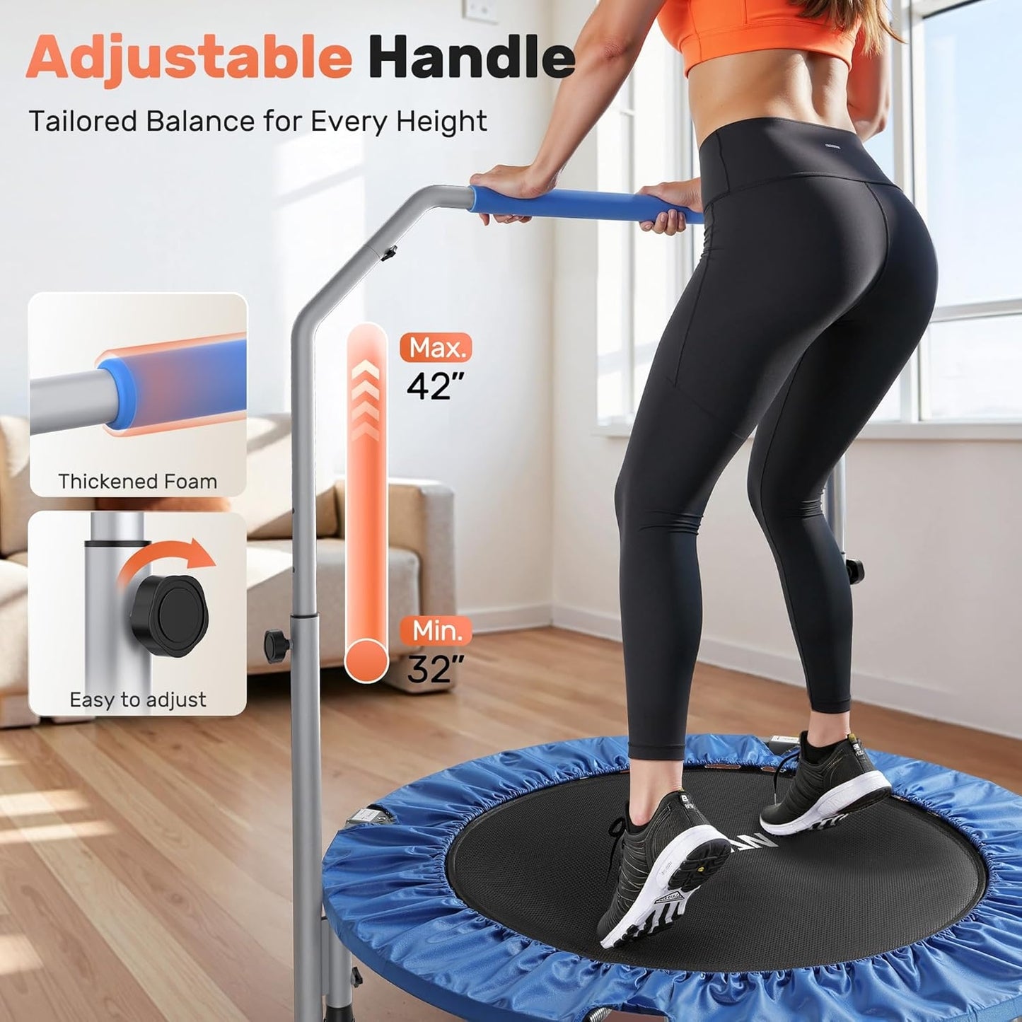 BCAN 40" Foldable Mini Trampoline Max Load 330lbs, Fitness Rebounder with Adjustable Foam Handle, Exercise Trampoline for Adults Indoor/Garden Workout