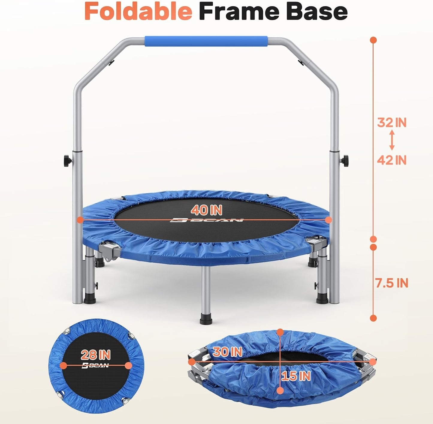 BCAN 40" Foldable Mini Trampoline Max Load 330lbs, Fitness Rebounder with Adjustable Foam Handle, Exercise Trampoline for Adults Indoor/Garden Workout
