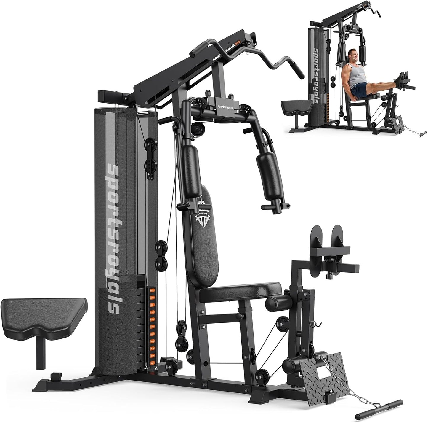 Sportsroyals Multifunctional Gym Equipment Pro Plus, Workout Station with 150LBS Weight Stack With Leg Press
