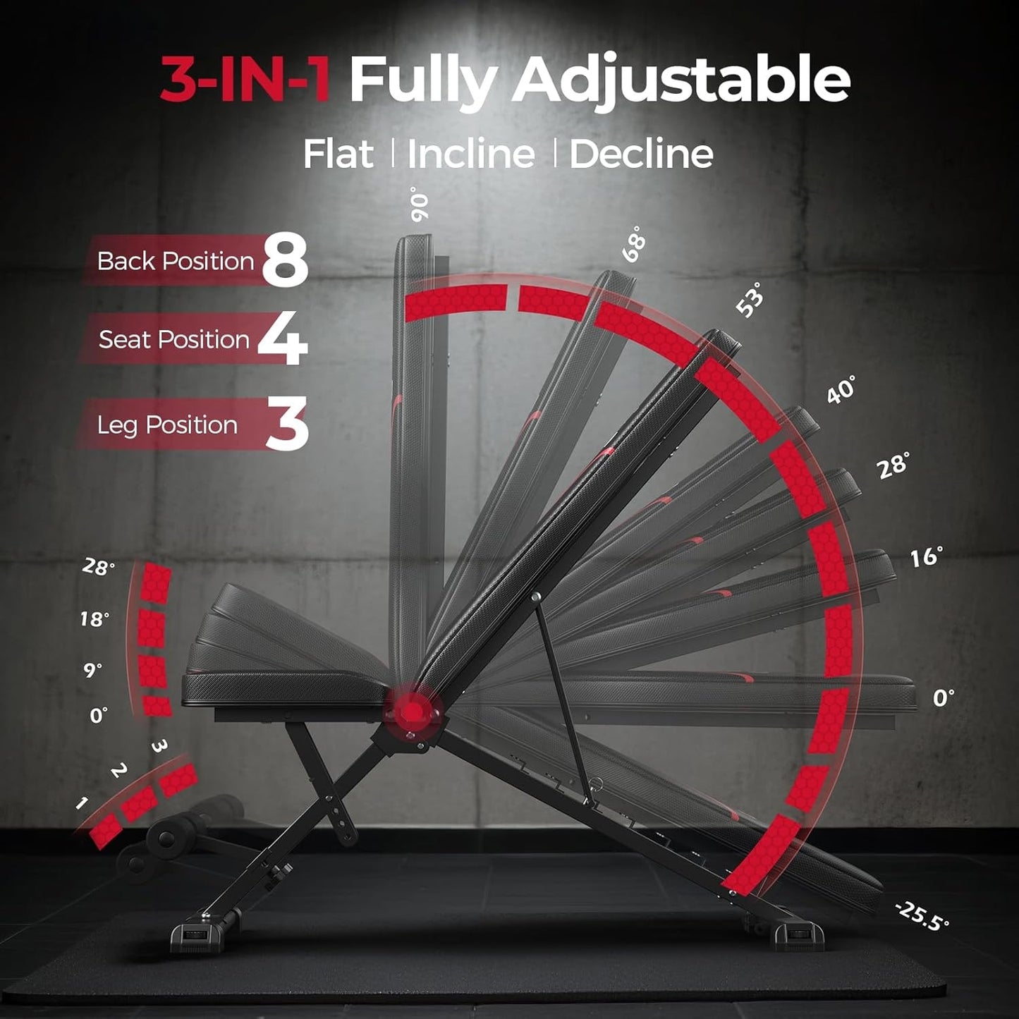 FED FITNESS Adjustable Folding Workout Bench, Foldable Strength Training Bench for Home Gym, Space-Saving Workout Bench
