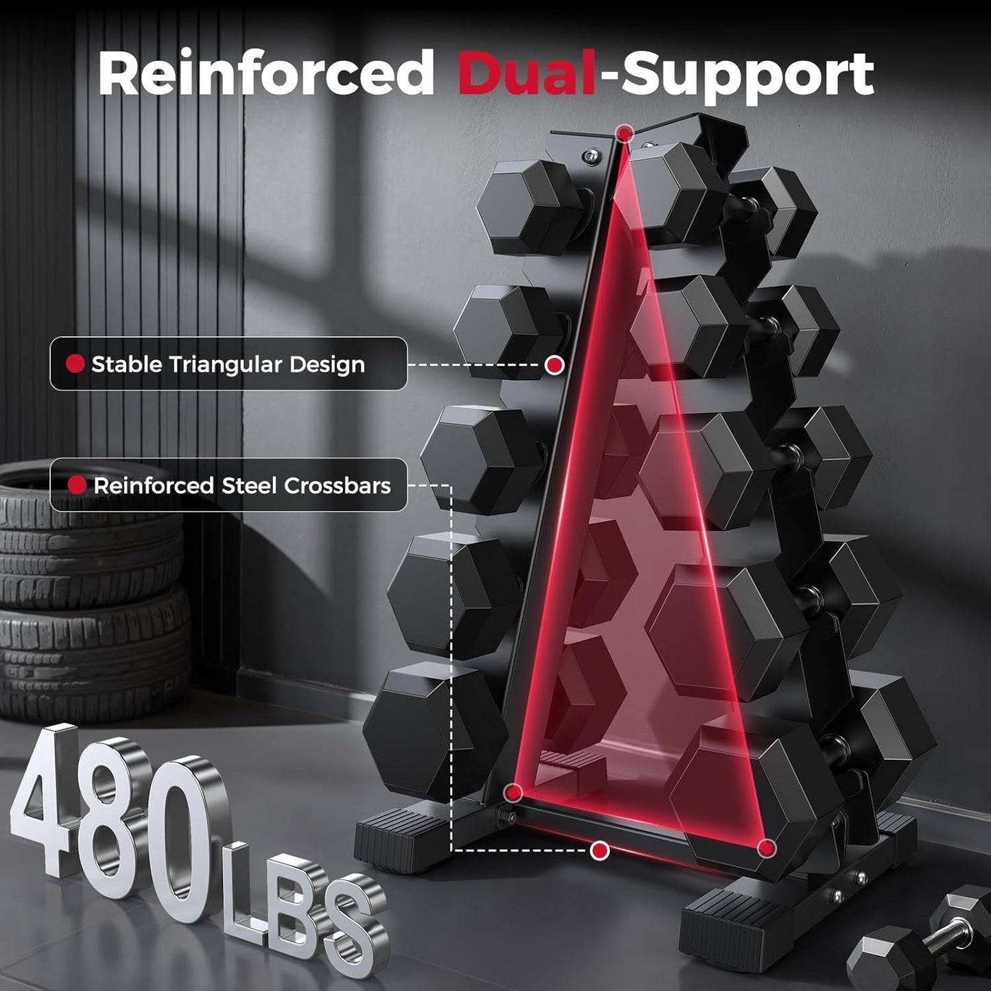 FED FITNESS Dumbbell Rack Stand Only, Weight Rack for Dumbbells Compact A-Frame Home Gym Space Saver, 480 LBS Weight Capacity