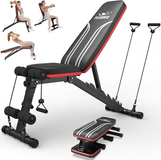 FLYBIRD Foldable Weight Bench with Resistance Bands, 8 Backrests Fast Adjustable FID for Home Gym Full Body Workout